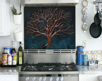 Alzatina da cucina in rame con albero della vita per interni ed esterni, arte da parete personalizzata, arredamento da cucina fatto a mano, opera d'arte murale contemporanea per camino