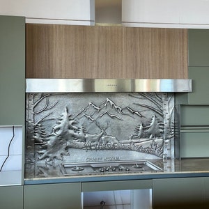 Modern Farmhouse Kitchen Backsplash, Handcrafted Deer Scene Copper Panel, Gray Metal Backsplash Tile for Kitchen Remodeling
