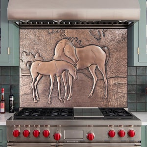 Handmade Copper Mare and Foal Backsplash Tile: Equine Kitchen Wall Art