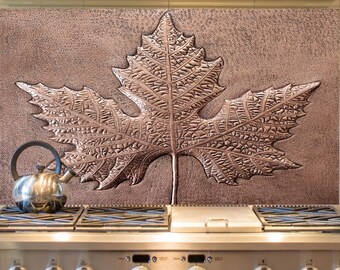 Maple Leaf Copper Kitchen Backsplash Tile Mural, Hammered Copper Wall Sculpture, Maple Leaf Wall Art, Handmade Metal Art Tile