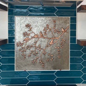 Handmade Copper Backsplash Tile: Birds on Branch, Farmhouse Kitchen Decor
