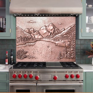 Landscape Scene of Rocky Mountains and Lake Countryside Wall Art, Mural Tile, Kitchen Copper Backsplash