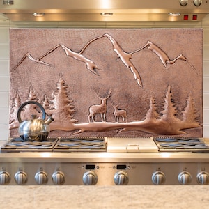 Deer Scene Copper Kitchen Backsplash Tile - Nature Scene Copper Kitchen Tile - Lodge & Cabin Kitchen Backsplash Tile, Handmade Wall Decor