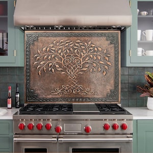 Azulejo de parede de cobre com estampa da Árvore da Vida Celta - Arte de parede em metal com a Árvore da Vida - Árvore do Conhecimento - Backsplash de cozinha de cobre feito à mão