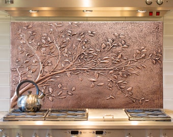 Tree Branches With Leaves Large Rectangular Copper Wall Art, Tree Branches Copper Kitchen Backsplash Tile Mural, Handmade Copper Artwork