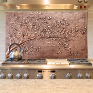 Tree Branches With Leaves Large Rectangular Copper Wall Art, Tree Branches Copper Kitchen Backsplash Tile Mural, Handmade Copper Artwork