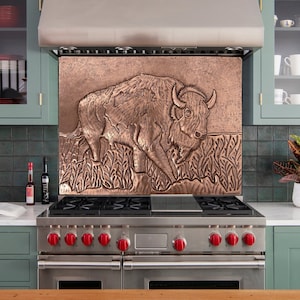 American Buffalo Kitchen Backsplash, Copper Decor for Indoor & Outdoor Wall Decoration, Handcrafted Bison Sculpture