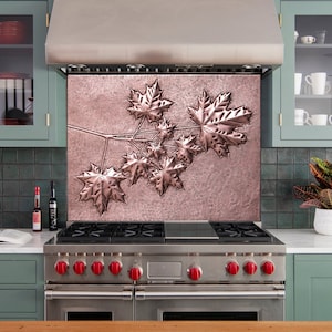 Maple Tree Branches Kitchen Backsplash, Handmade Art Tile for Kitchens, Decorative Copper Panel for Stove Behind image 1