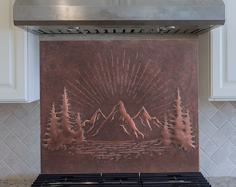 Handmade Copper Mountain Sunrise Backsplash Tile: Nature Wall Decor