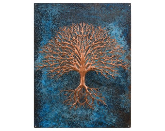 Blue Patina Copper Tree Wall Decor, Tree with Roots Hammered Copper Artwork, Chasing and Repousse Copper Art, 3D Copper Relief Sculpture