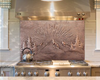 Handmade Copper Backsplash Tile: Rising Sun Mountain Scene Wall Art