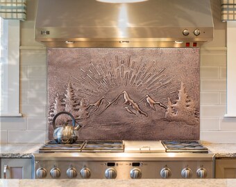 Rising Sun Behind the Mountains Nature Scene Copper Wall Art, Nature Copper Kitchen Backsplash Tile Mural