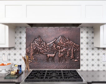 Country Kitchen Backsplash, Deer Scene Copper Art Tile, Brown Tile for Kitchen Backsplash, Mountain Landscape Handcrafted Metal Wall Art