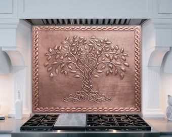 Hand Hammered Copper Tree of Life Kitchen Backsplash - Celtic Knots Wall Art