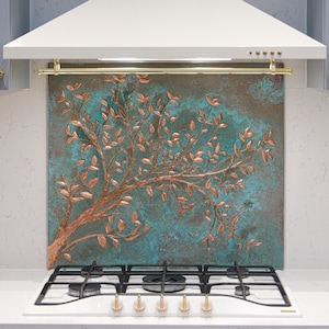 Handmade Copper Tree Branch Backsplash Tile - Green Patina Metal Wall Art