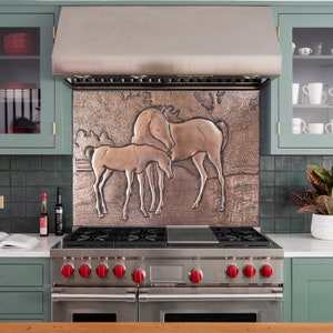 Mare and Foal Copper Kitchen Backsplash, Horses in the Nature, Handmade Mustang Art Decor, Equine Wall Decor, Horses Wall Art, Animal Tiles