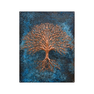 Blue Patina Copper Tree Wall Decor, Tree with Roots Hammered Copper Artwork, Chasing and Repousse Copper Art, 3D Copper Relief Sculpture