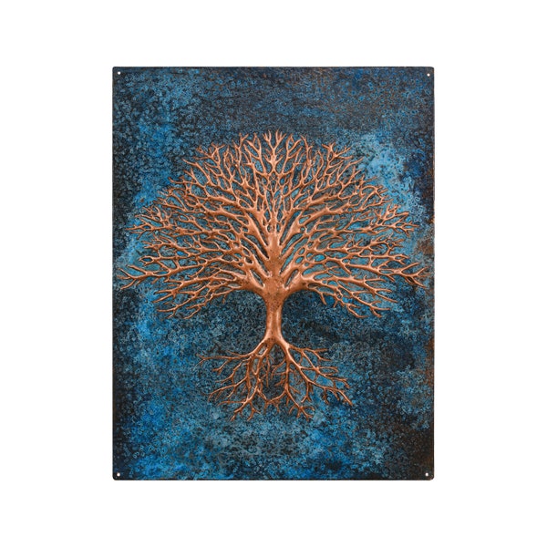 Wanddekoration aus Kupferbaum mit blauer Patina, Baum mit Wurzeln, gehämmertes Kupferkunstwerk, Ziselierungs- und Repousse-Kupferkunst, 3D-Kupferrelief-Skulptur