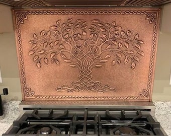 Piastrella per alzatina in rame con albero della vita celtico per cucine, decorazione da parete per interni ed esterni, alzatina per cucina in rame su misura, arte celtica in rame