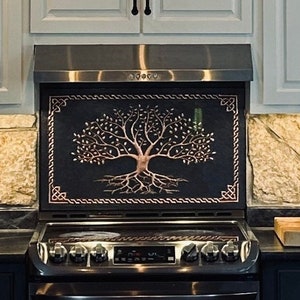 Handcrafted Copper Tree of Life Backsplash Tile - Black Metal Wall Art