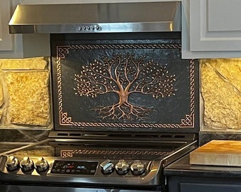 Tree of Knowledge with Roots Copper Mural with Celtic Knots Ornamental Border, Indoor & Outdoor Wall Decor, Copper Kitchen Backsplash Decor