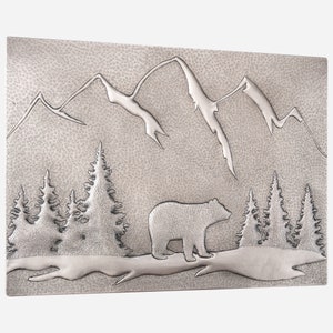 Gray Backsplash Tile Art Gray Elegance Rustic Bear and Pine Forest Metal Wall Art for Kitchen & Home zdjęcie 2