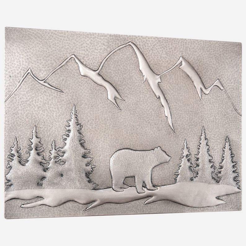 Gray Backsplash Tile Art Gray Elegance Rustic Bear and Pine Forest Metal Wall Art for Kitchen & Home image 2