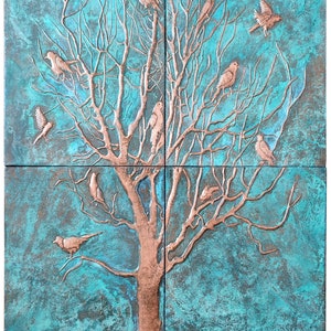 Extra Large Copper Tile,Birds on a Dead Tree Set of 4 Copper Tiles, Kitchen Backsplash Mural,Indoor and Outdoor Wall Tiles,Handmade Wall Art