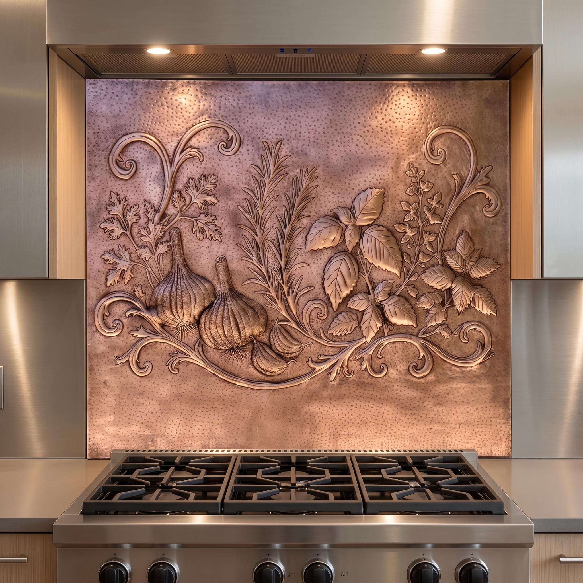 Natuross Custom Copper Kitchen Backsplash – Garlic & Herb Garden