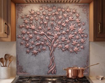 May include: A square metal backsplash panel featuring a raised copper-colored relief of a tree with numerous maple-shaped leaves. The background is a textured gray surface with decorative corner accents, positioned behind a stainless steel gas stove.