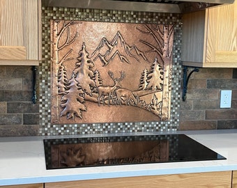 Deer in Forest Landscape Copper Kitchen Backsplash Mural