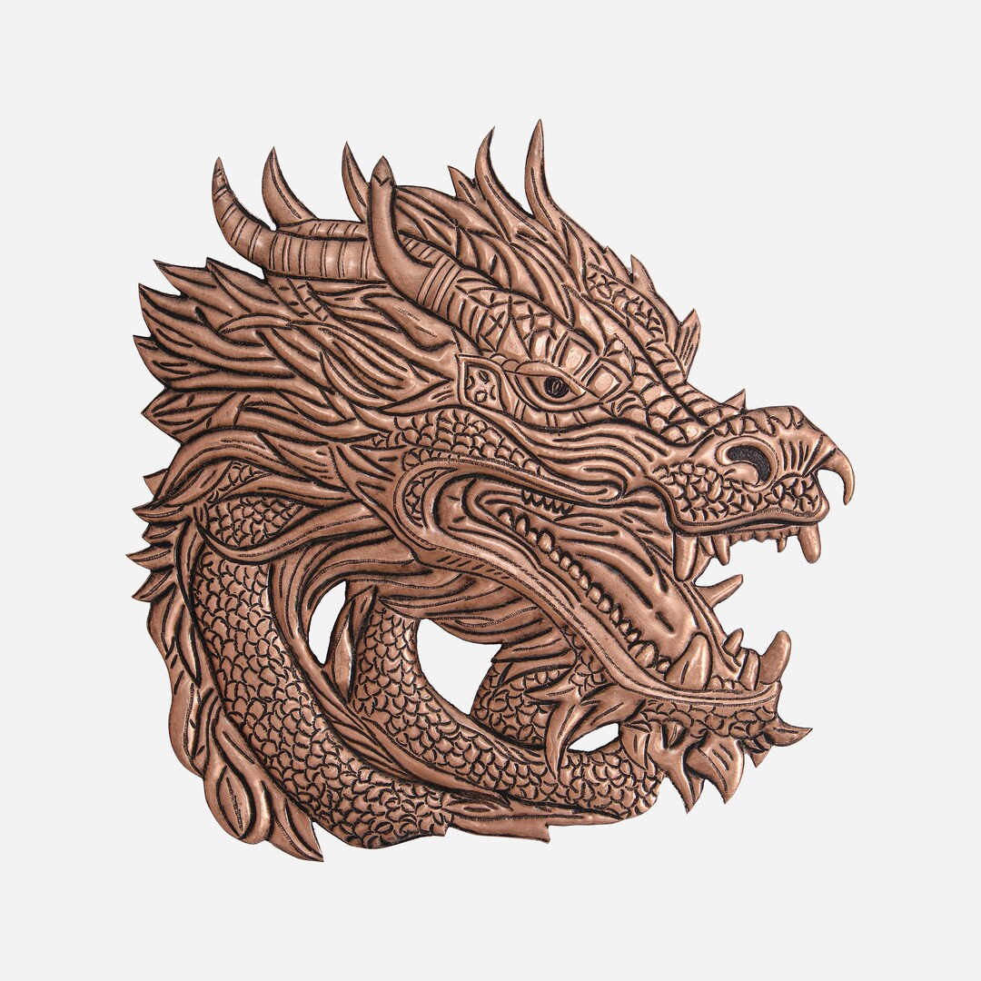 Copper Dragon Head Wall Art, 3D Metal Dragon Head Handhammered Wall