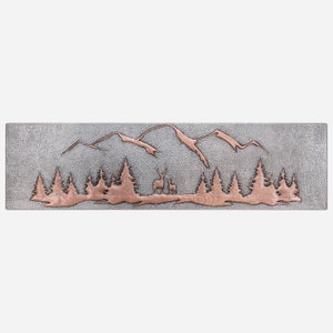 Large Copper Backsplash Panel (Deer, Pine Trees and Mountains, Gray&Copper Color)