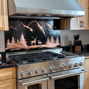 Natuross Copper Stove Backsplash – Mountain Deer Forest (Black Copper)