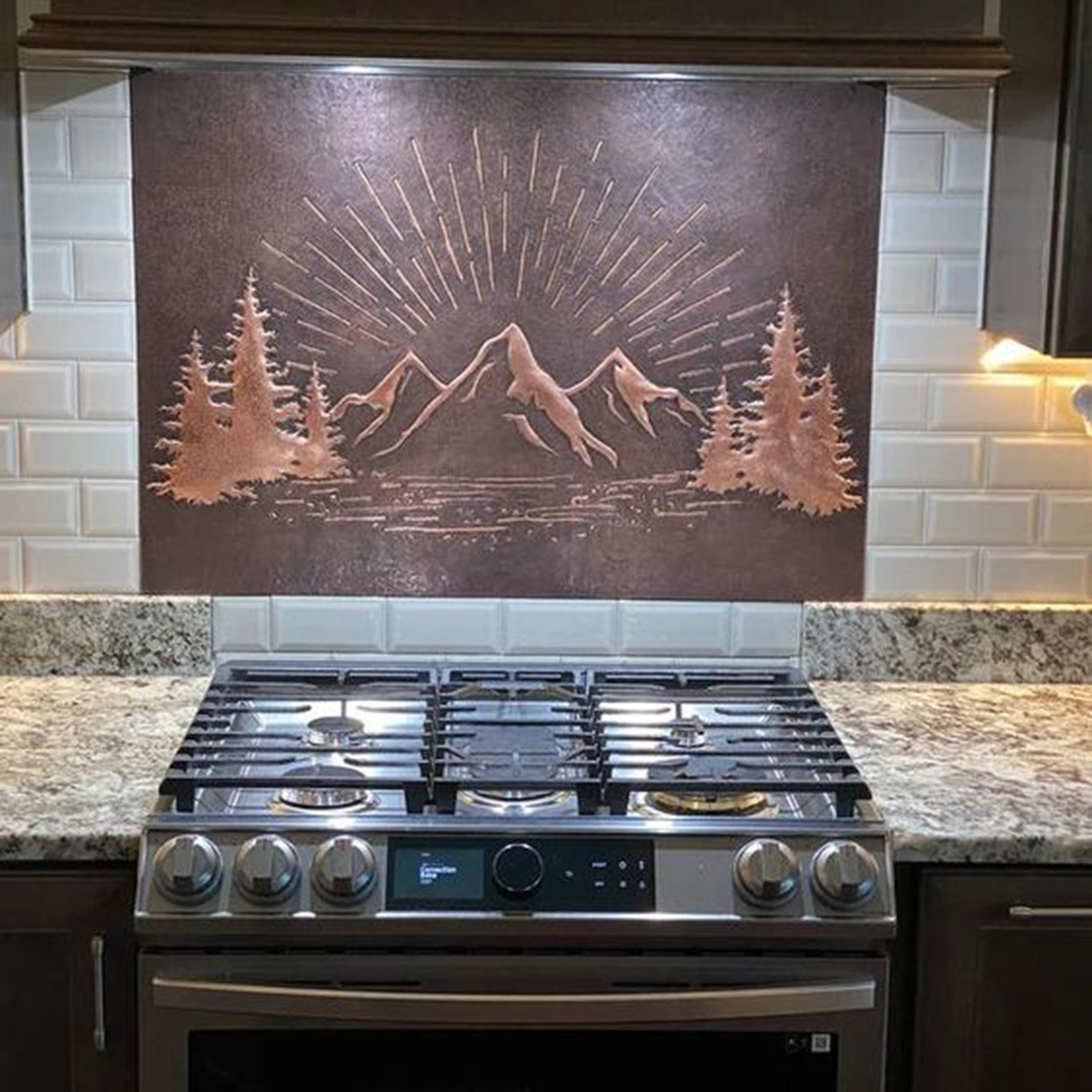 Rising Sun Behind the Mountains Nature Scene Copper Wall Art, Nature Copper  Kitchen Backsplash Tile Mural 
