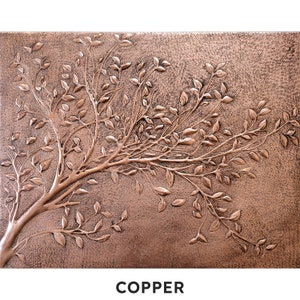 Tree Branches With Leaves Large Rectangular Copper Wall Art, Tree Branches Copper Kitchen Backsplash Tile Mural, Handmade Copper Artwork image 4