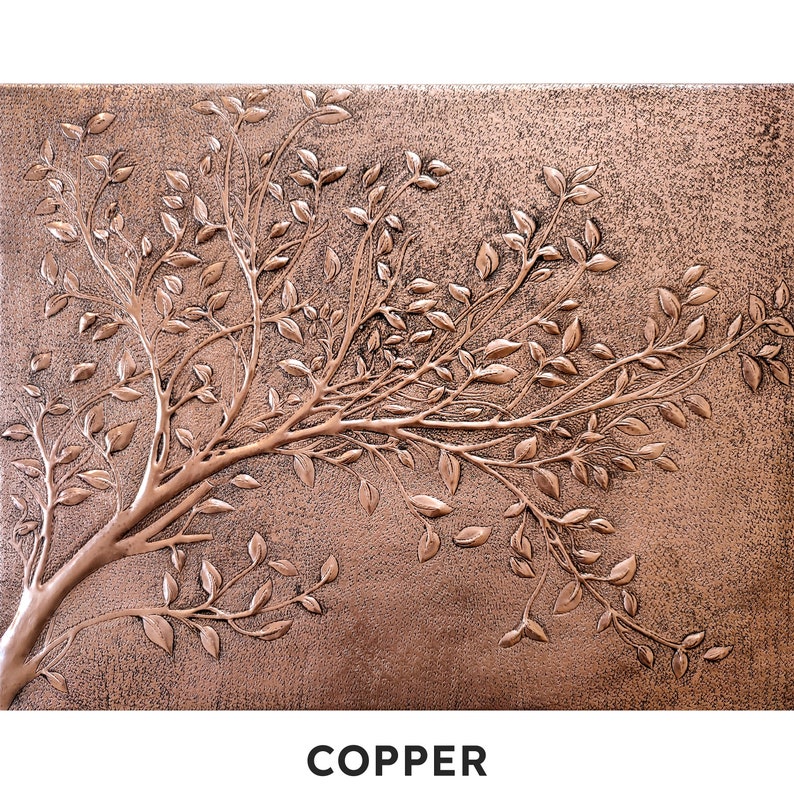 Tree Branches With Leaves Large Rectangular Copper Wall Art, Tree Branches Copper Kitchen Backsplash Tile Mural, Handmade Copper Artwork immagine 4