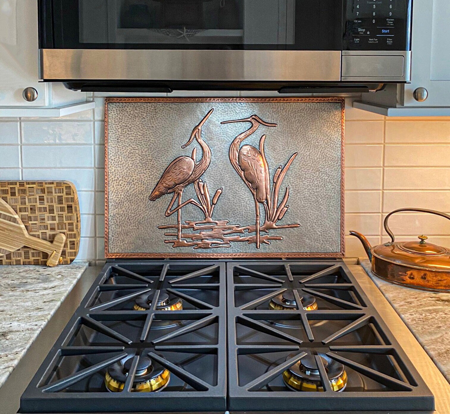 Handmade Copper Heron Backsplash: Cattail Wall Art
