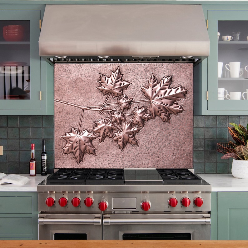 Maple Tree Branches Kitchen Backsplash, Handmade Art Tile for Kitchens, Decorative Copper Panel for Stove Behind image 1