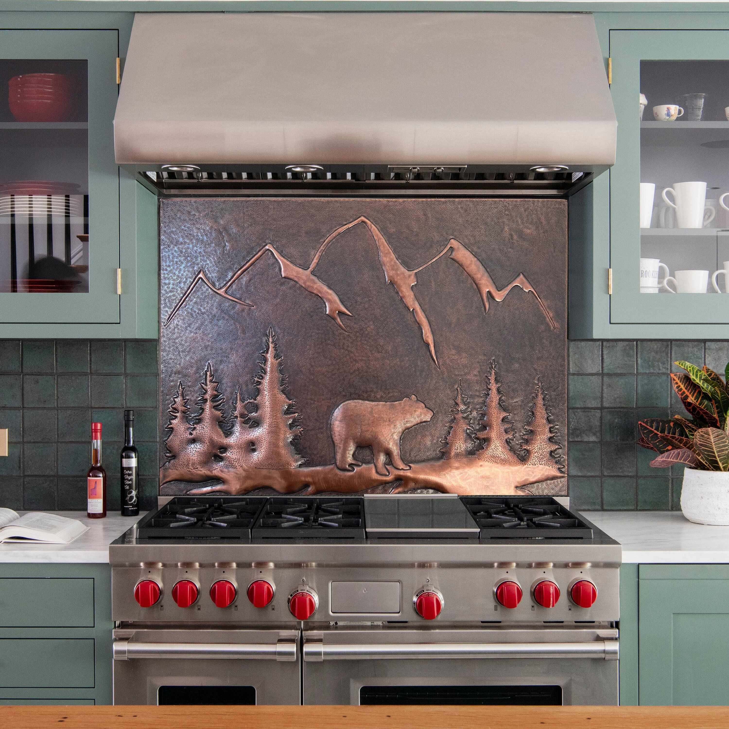 Bear in the Forest Nature Scene Copper Wall Tile, Mountain Landscape Copper Tile for Kitchen Backsplash, Indoor & Outdoor Wall Decor