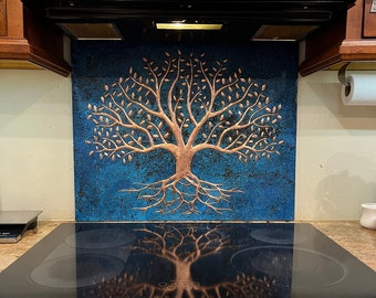 Blue Backsplash - Copper Tree of Life - Artisanal Metal Wall Art for Kitchen and Home Decor - Symbolic Nature-Inspired Design