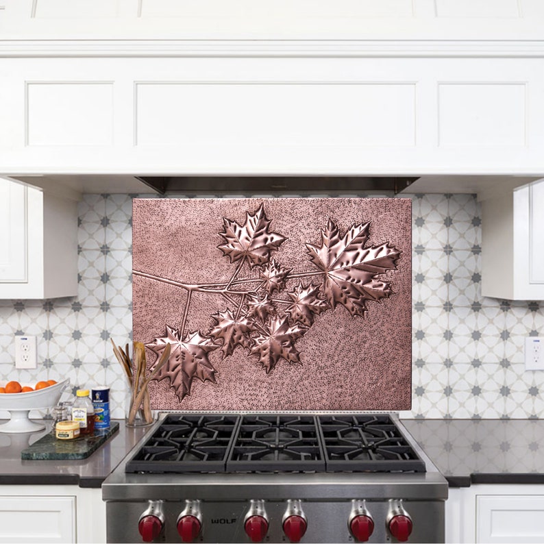 Maple Tree Branches Kitchen Backsplash, Handmade Art Tile for Kitchens, Decorative Copper Panel for Stove Behind image 7