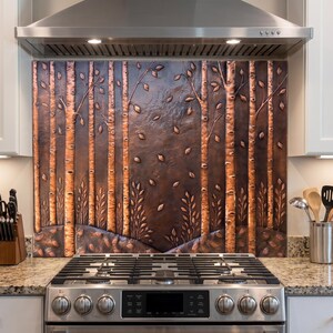 Natuross Copper Kitchen Backsplash – Birch Forest Kitchen Backsplash, Woodland Trees Copper Art