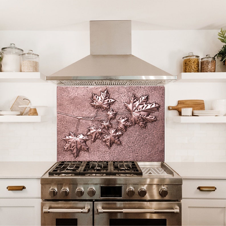 Maple Tree Branches Kitchen Backsplash, Handmade Art Tile for Kitchens, Decorative Copper Panel for Stove Behind image 5