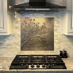 Hand Hammered Copper Backsplash Tile - Tree Branch Design, Gray Patina