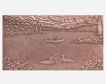 Copper Backsplash Artwork, Handcrafted Nature Scene Metal Wall Tile for Home Decor