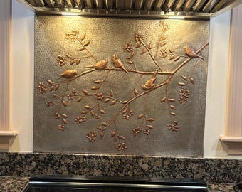 Natuross Custom Copper Stove Backsplash – Handcrafted Kitchen Backsplash with Songbirds