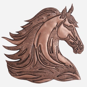 Koperen paard muur decor, koperen mustang hoofd kunst aan de muur, 3D metalen paard muur decor, handgemaakte koperen mustang paard grote muur kunst