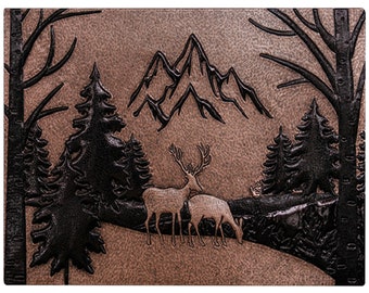 Pine Trees and Mountain Scene Behind Deer Wall Art, Nature Copper Wall Art, Nature Scene Decorative Mural Tile, Nature Relief Art