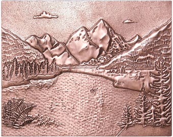 Natuross Custom Copper Stove Backsplash – Handcrafted Mountain Lake Kitchen Backsplash